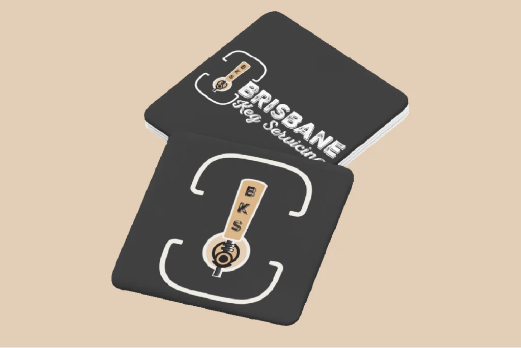Brisbane Keg Servicing logo on a drink coaster