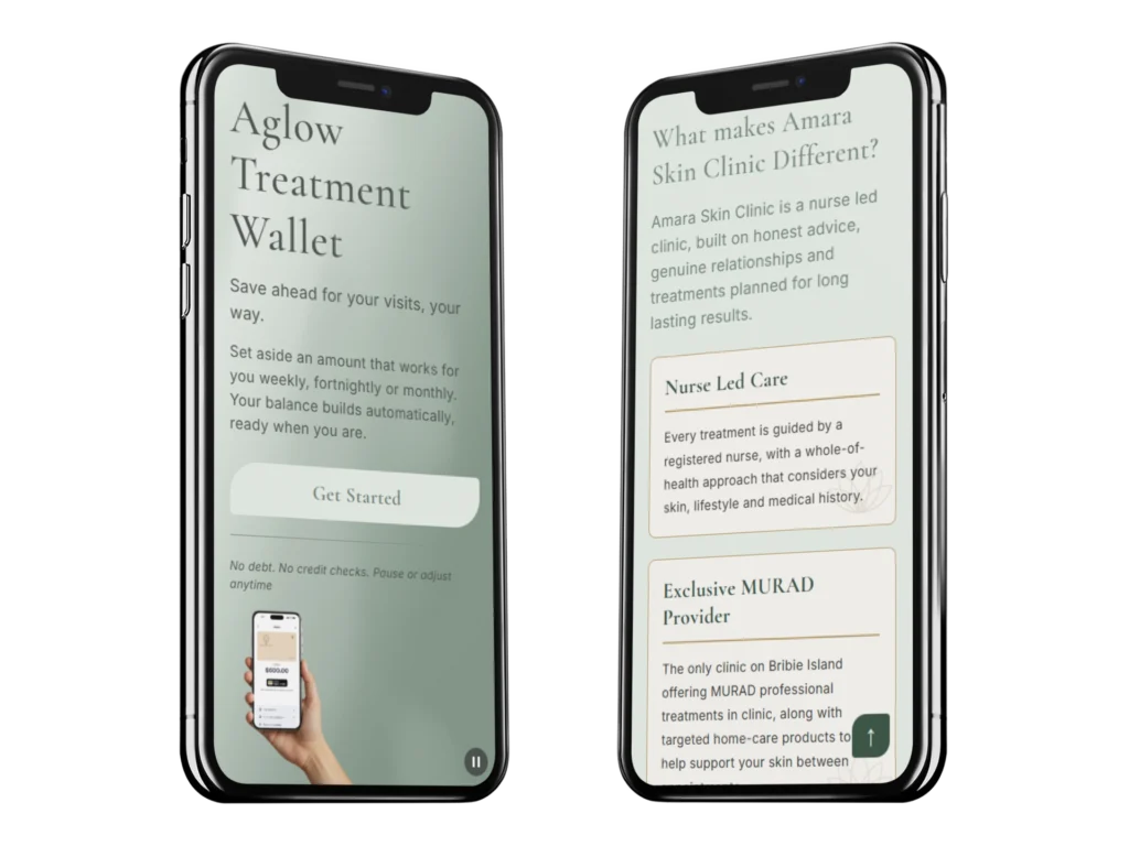 Amara Skin Clinic website shown on two mobile phones